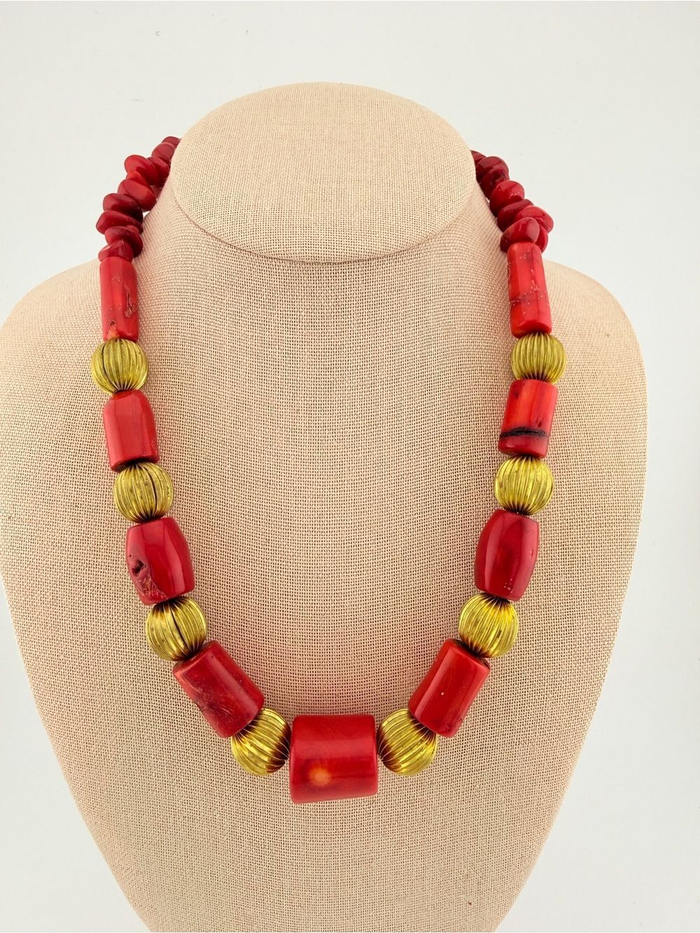 African-Inspired Red Coral & Ribbed Gold Statement Necklace